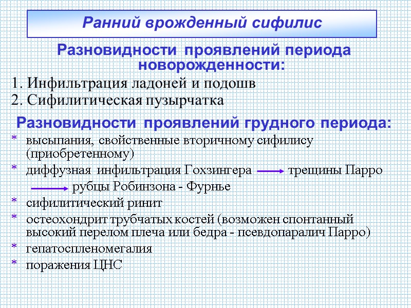 Ранний врожденный сифилис Разновидности проявлений периода новорожденности: 1. Инфильтрация ладоней и подошв 2. Сифилитическая Ранний врожденный сифилис Разновидности проявлений периода новорожденности: 1. Инфильтрация ладоней и подошв 2. Сифилитическая